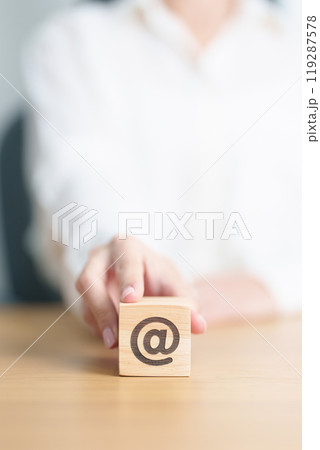 Contact Us concepts. Wood block of Website Address sign. For Customer support hotline, business Marketing, Corporate, communication and Advertising 119287578