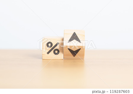 wood block of percentage change to UP and Down arrow. Interest rate, GDP, stocks market, financial, deflation and Inflation, ranking, mortgage, debt, Loan and Economic Recession concept wood block of percentage change to UP and Down arrow. Interest rate, GDP, stocks market, financial, deflation and Inflation, ranking, mortgage, debt, Loan and Economic Recession concept 119287603