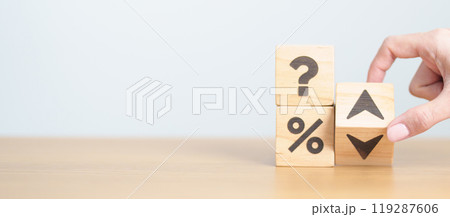 wood block of Question mark with percentage change to UP and Down arrow. Interest rate, GDP, stocks market, financial, deflation and Inflation, ranking, mortgage, debt, Loan and Economic Recession wood block of Question mark with percentage change to UP and Down arrow. Interest rate, GDP, stocks market, financial, deflation and Inflation, ranking, mortgage, debt, Loan and Economic Recession 119287606