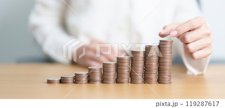 Money Saving for Future Plan, Retirement fund, Pension, Investment, Wealth Business and Financial concepts. coin stack on table, Money counting and stack arrangement for deposit 119287617