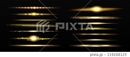 Realistic set of golden light lines on transparent 119288125