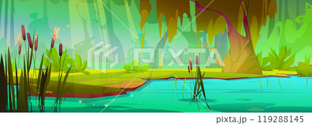 Green summer forest lake with cane and willow tree 119288145