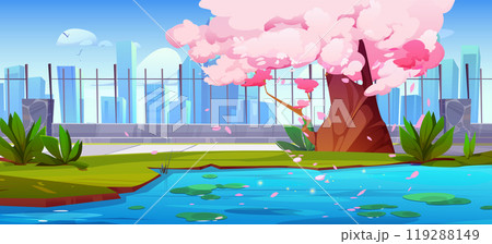 Sakura near pond in city park garden with fence Sakura near pond in city park garden with fence 119288149