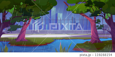 Rainy weather in city park with pond and fence 119288154
