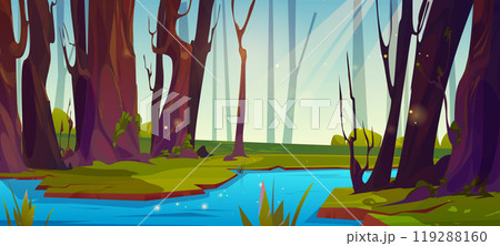 River flowing in summer forest with sun beam 119288160