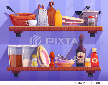 Cartoon kitchen shelf with utensils 119288189