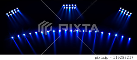 Spotlights with blue light beams on stadium 119288217