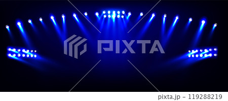 Spotlights with blue light beams on stadium Spotlights with blue light beams on stadium 119288219
