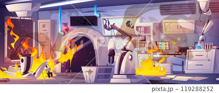 Fire in science laboratory with robot for research 119288252