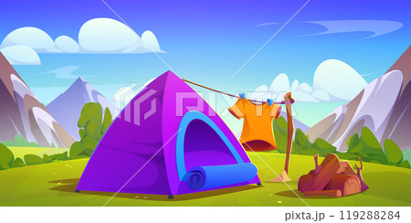 Camp tent in mountain valley Camp tent in mountain valley 119288284
