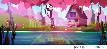 Wooden hut on lake shore in forest with pink trees 119288287