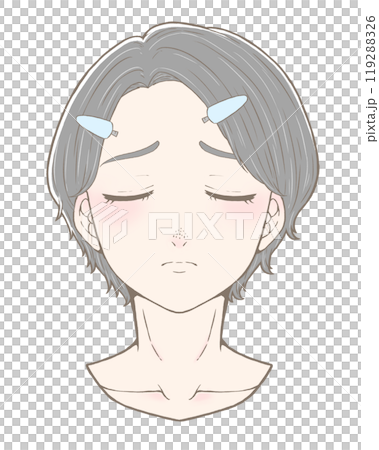 A cool-toned woman with a bangs clip, suffering from a strawberry nose, above the neck 119288326