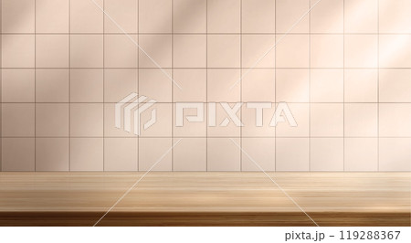 Realistic tiled kitchen wall with wooden shelf 119288367