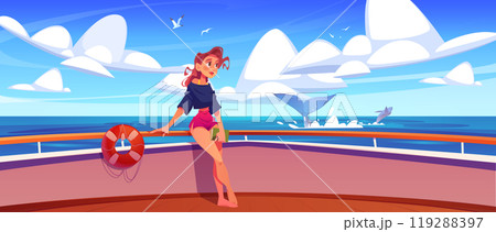 Girl on cruise ship deck cartoon vector scene 119288397