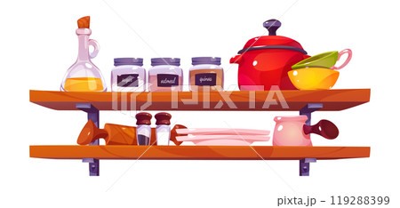 Kitchen shelf with utensils and seasoning jars Kitchen shelf with utensils and seasoning jars 119288399