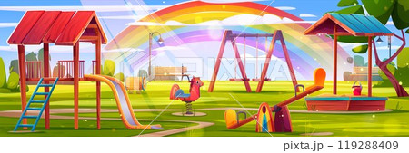 Kid playground park with rainbow vector background 119288409