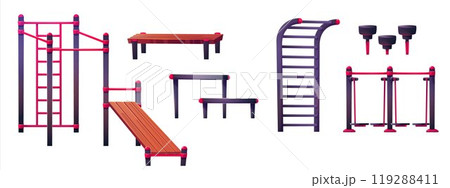 Outdoor street gym in park with fitness equipment 119288411