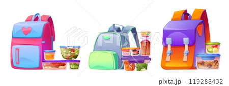 Food container lunch box near backpack for school 119288432