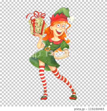 Cool cartoon teenage girl in an elf costume with a gift in her hand. Holiday presents concept. Hand drawn watercolor character for a Christmas or New Year card, banner. Mascot for a Boxing day Sale Cool cartoon teenage girl in an elf costume with a gift in her hand. Holiday presents concept. Hand drawn watercolor character for a Christmas or New Year card, banner. Mascot for a Boxing day Sale 119288465