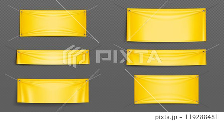 Blank yellow canvas banners hanging on ropes Blank yellow canvas banners hanging on ropes 119288481