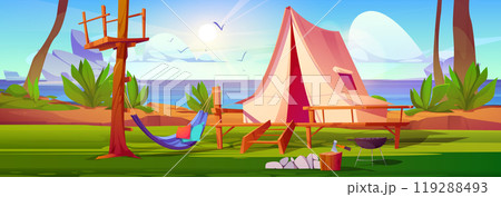 Camp tent near forest pond, sea cost background 119288493