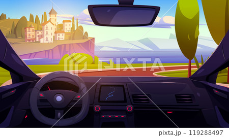 Car driver view of seaside city and mountains Car driver view of seaside city and mountains 119288497