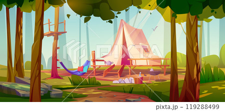 Camp with tent in summer forest 119288499