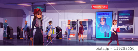 Subway turnstile entrance with ticket to train 119288556