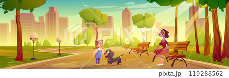 Kid with dog and mother walk in summer city park Kid with dog and mother walk in summer city park 119288562