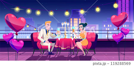 Romantic dinner date at night on city terrace Romantic dinner date at night on city terrace 119288569
