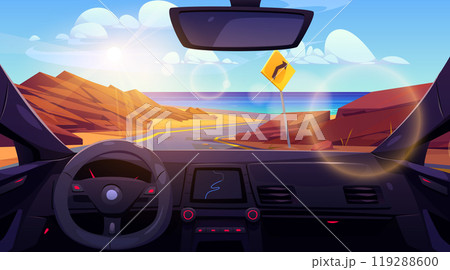 Inside car view on desert sea shore road landscape 119288600