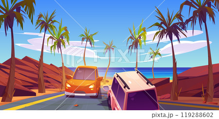 Desert road traffic to sea shore illustration Desert road traffic to sea shore illustration 119288602