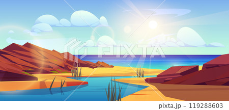 River delta landscape with water flowing into sea 119288603