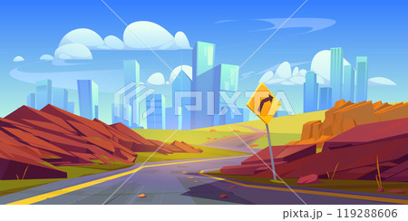 Summer city landscape with curve road, turn sign Summer city landscape with curve road, turn sign 119288606