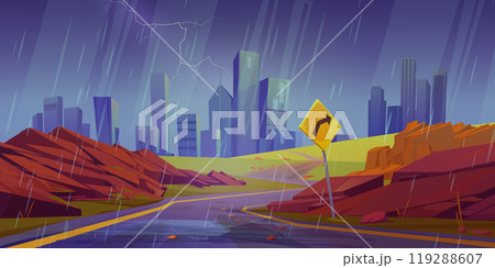 Summer city landscape with curve road, turn sign 119288607