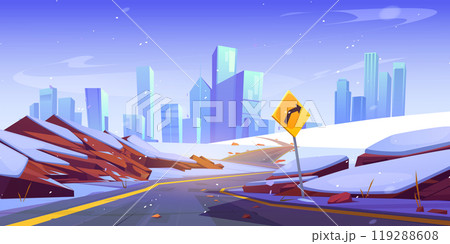Winter city landscape with curve road and snow 119288608