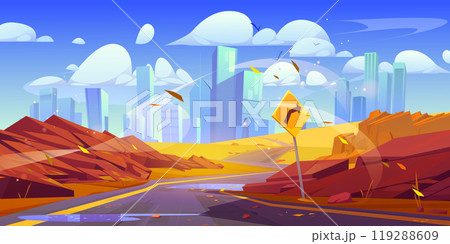 Autumn city landscape with curve road, turn sign Autumn city landscape with curve road, turn sign 119288609