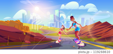 Girls ride on skateboards on road Girls ride on skateboards on road 119288610