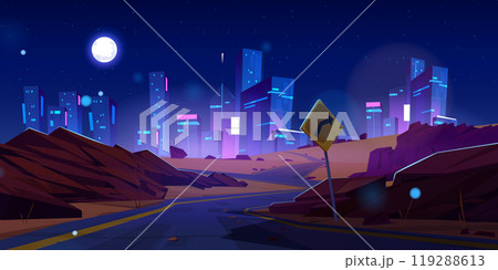 Night road to neon city building vector background Night road to neon city building vector background 119288613