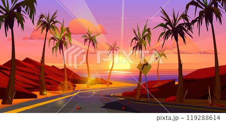 Tropic sunset car road, highway to sea beach Tropic sunset car road, highway to sea beach 119288614