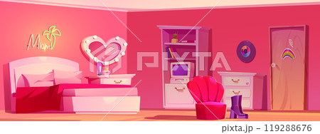 Retro girl bedroom interior with furniture Retro girl bedroom interior with furniture 119288676