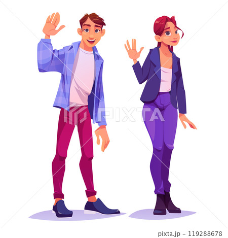 People, man and woman characters waving hand People, man and woman characters waving hand 119288678
