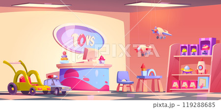 Cartoon toy shop interior with goods and furniture 119288685