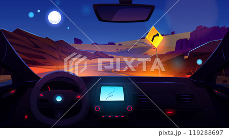 Car driver view of night desert highway 119288697