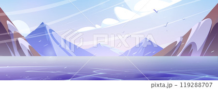 Snowy mountain landscape with ice on river 119288707
