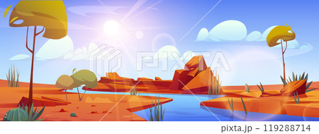 River flowing in desert landscape, oasis, hot sand 119288714
