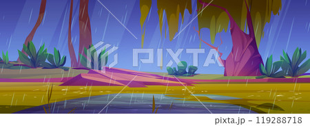 Rain in forest pond cartoon vector park landscape Rain in forest pond cartoon vector park landscape 119288718