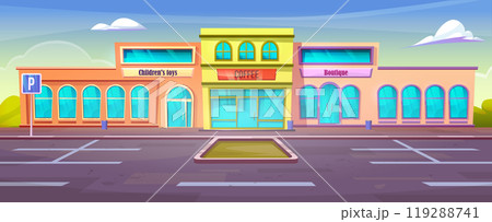 Vector car parking store building front exterior Vector car parking store building front exterior 119288741