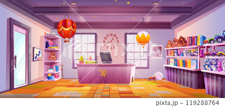 Cartoon toy shop with furniture, goods on shelves Cartoon toy shop with furniture, goods on shelves 119288764