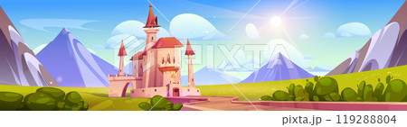 Fairy tale castle on summer mountain landscape Fairy tale castle on summer mountain landscape 119288804